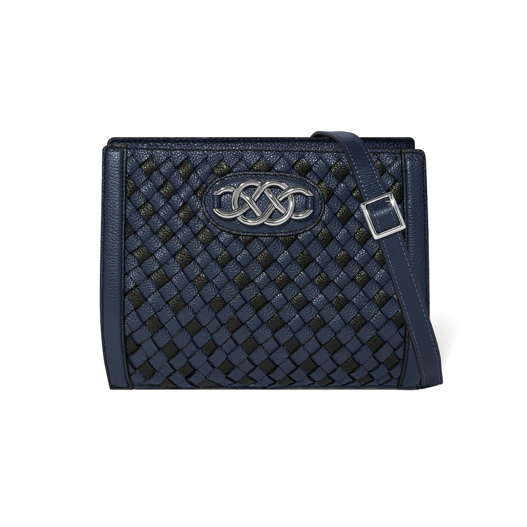 Brighton Interlok Braid Findley Organizer in midnight navy leather featuring an adjustable strap and exterior organizer pocket.