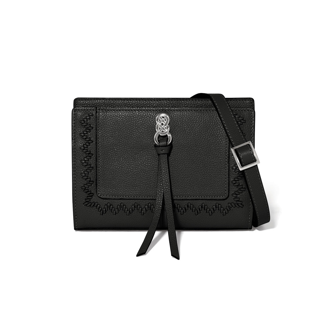 Brighton Interlok Adria Small Organizer in black leather featuring a ziptop closure and exterior pocket.