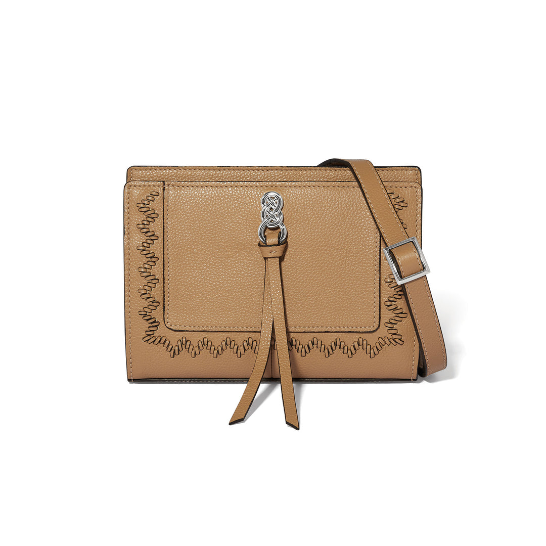 Brighton Interlok Adria Small Organizer in cappuccino brown leather featuring a ziptop closure and exterior pocket.