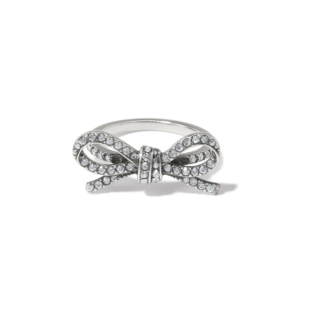 Brighton Illumina Bow Ring in silver plate featuring a crystal-encrusted pavé ribbon design.
