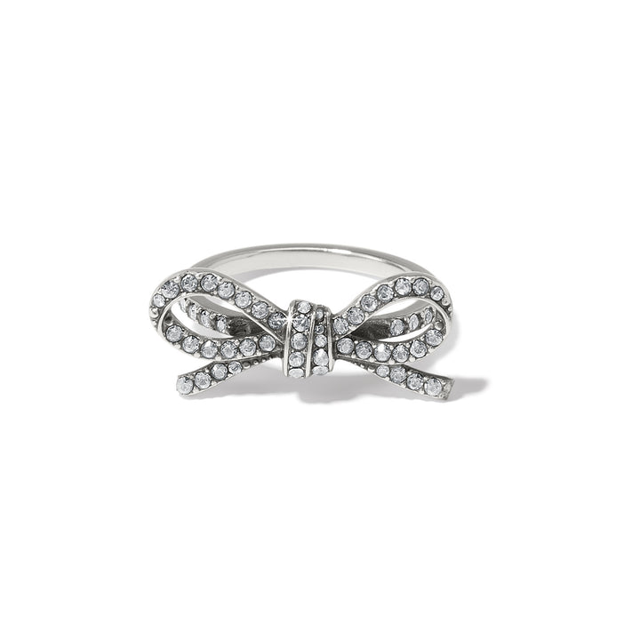 Brighton Illumina Bow Ring in silver plate featuring a crystal-encrusted pavé ribbon design.