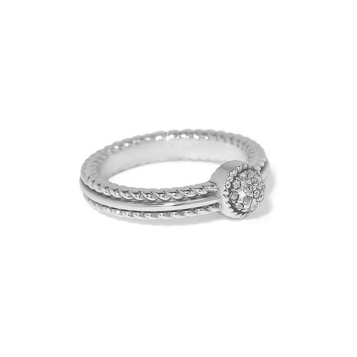 Side view of the Illumina Celeste Ring showing the high-polished silver dome and crystal settings.