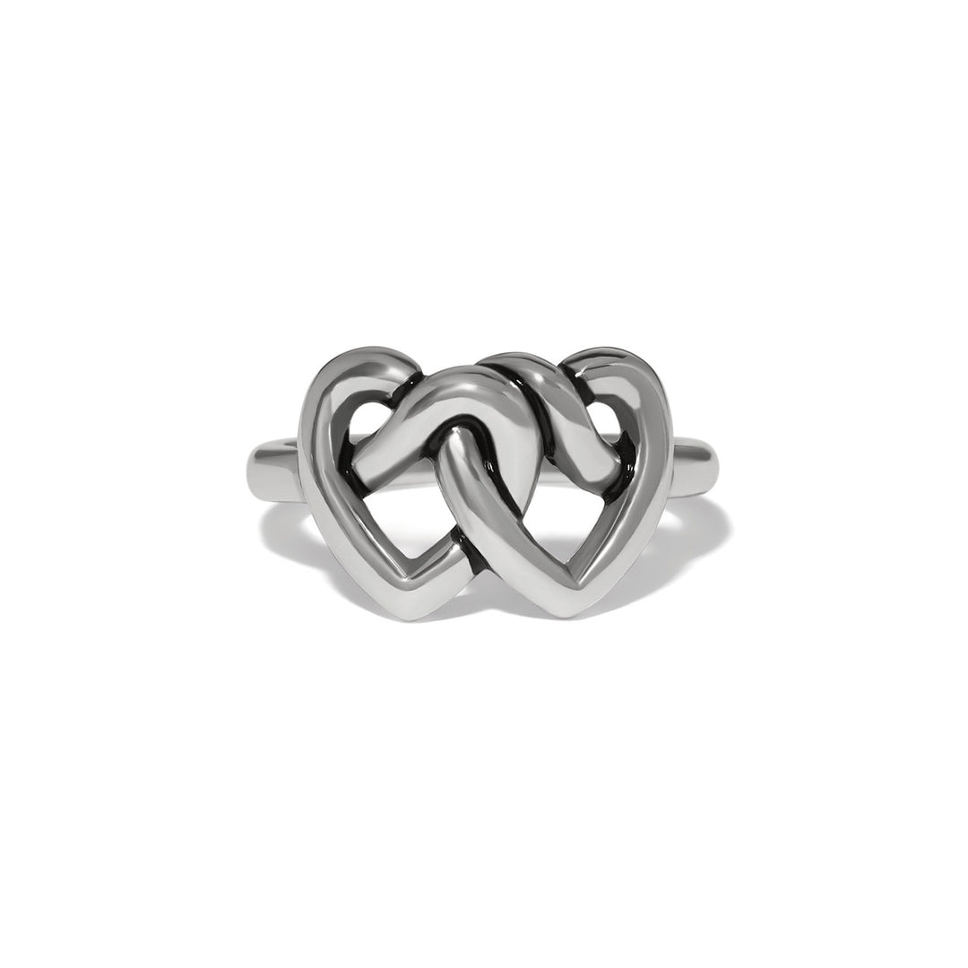 Brighton Collectibles Interlok Linked Hearts Silver Ring highlighting its polished silver-tone interlocking heart design.