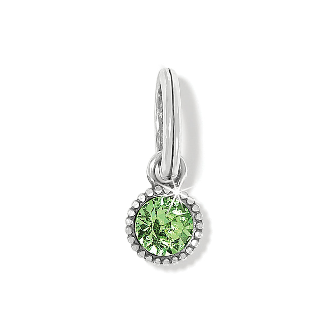Brighton Glitz Birthstone Amulet in Green; a silver-plated charm with a faceted peridot crystal for August birthdays.