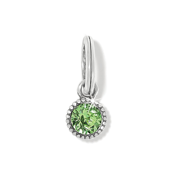 Brighton Glitz Birthstone Amulet in Green; a silver-plated charm with a faceted peridot crystal for August birthdays.