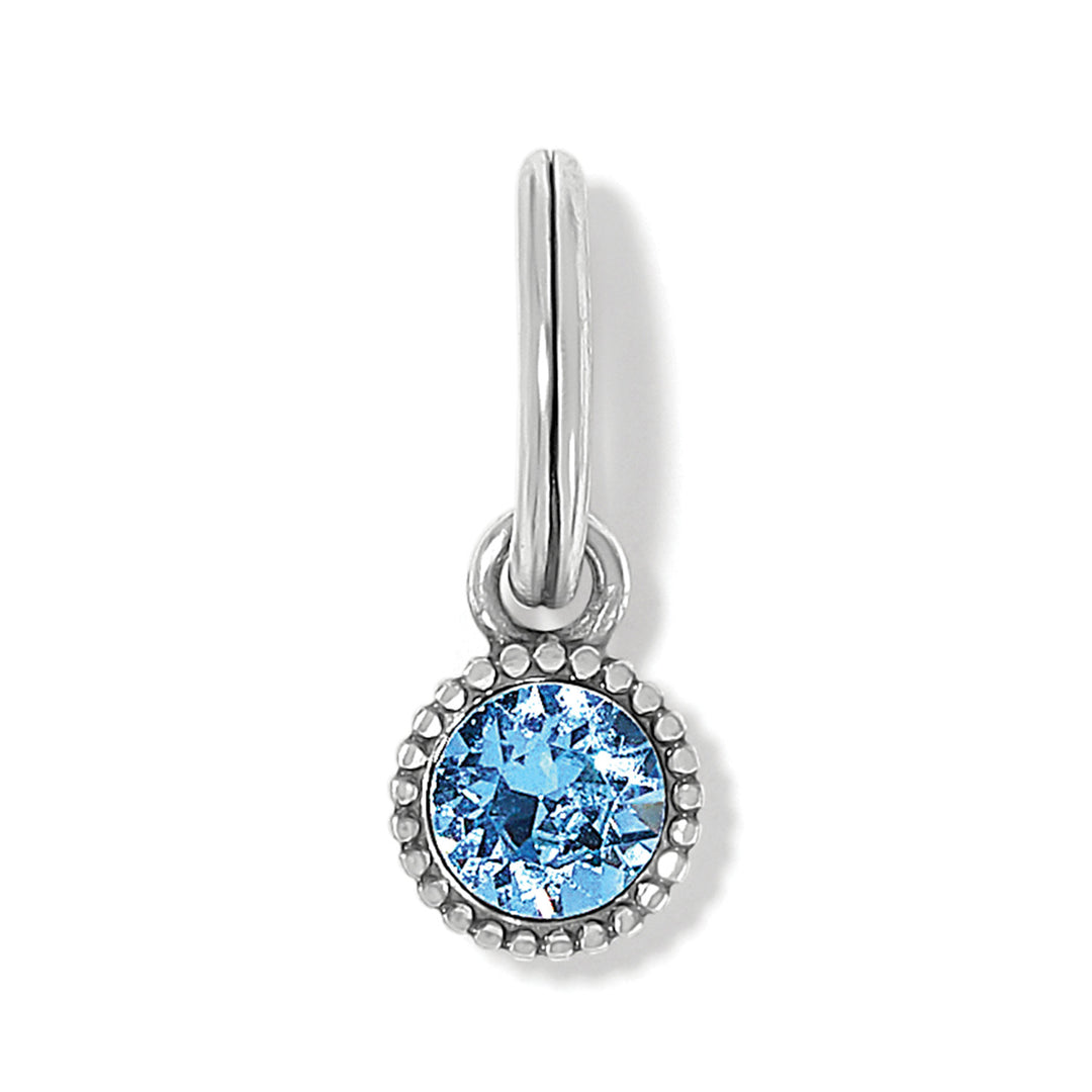 Brighton Glitz Birthstone Amulet in Aqua; a silver-plated charm with a faceted light blue crystal for March birthdays.