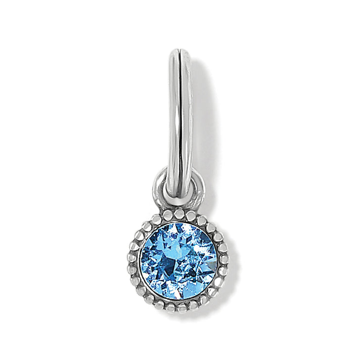 Brighton Glitz Birthstone Amulet in Aqua; a silver-plated charm with a faceted light blue crystal for March birthdays.
