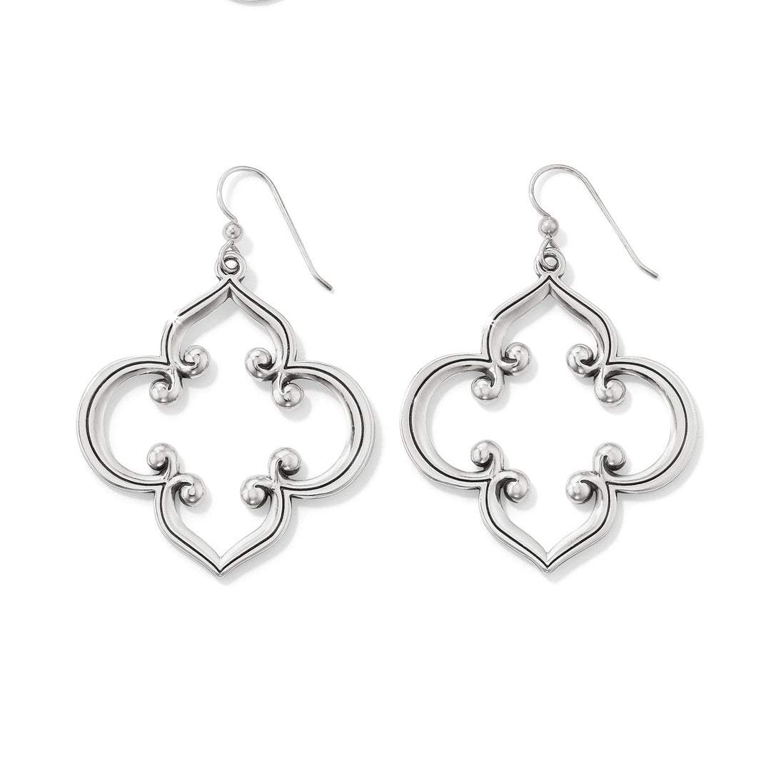 Brighton Toledo Statement French Wire silver-plated earrings featuring an openwork Moorish arabesque quatrefoil drop design.