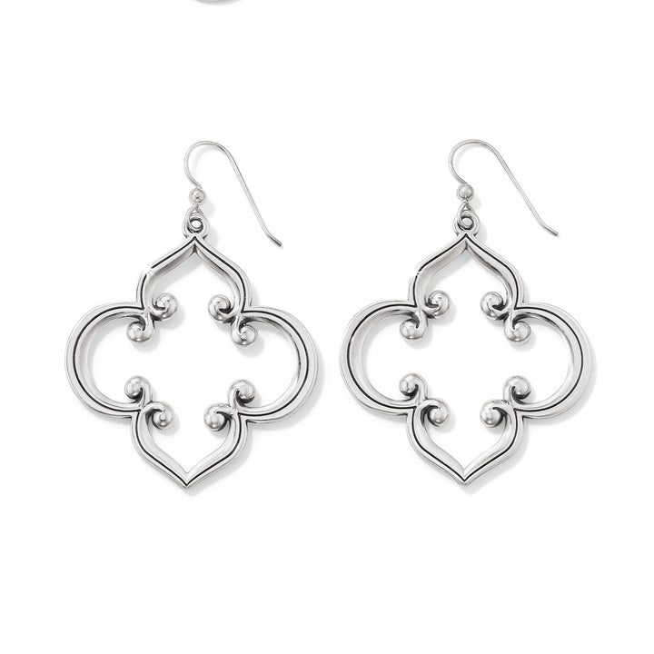 Brighton Toledo Statement French Wire silver-plated earrings featuring an openwork Moorish arabesque quatrefoil drop design.