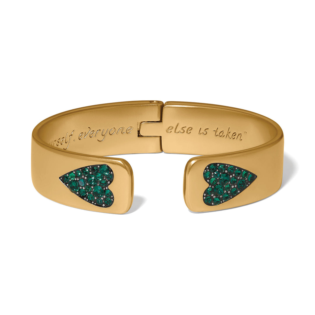 Brighton Love Messages Be Majestic Hinged Bangle, green heart hinged bangle, front view