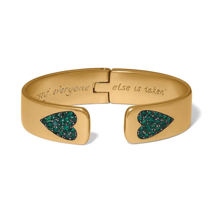 Brighton Love Messages Be Majestic Hinged Bangle, green heart hinged bangle, front view