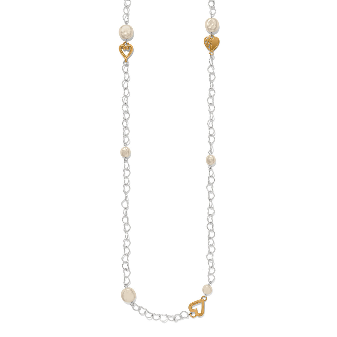 Brighton One Heart Long Necklace featuring 42 inches of glass pearls with two-tone silver and gold heart charms.