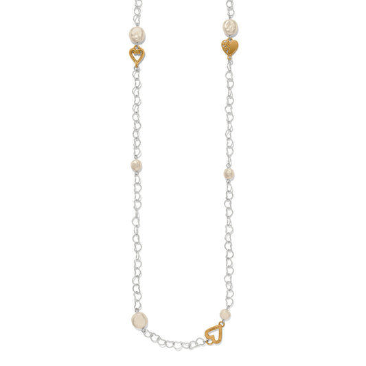 Brighton One Heart Long Necklace featuring 42 inches of glass pearls with two-tone silver and gold heart charms.