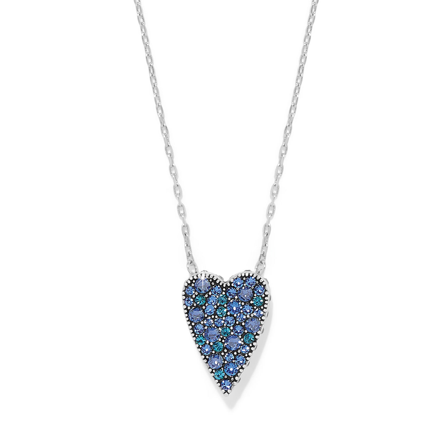 Brighton Love Messages necklace in silver plate featuring a blue crystal pendant and "Love knows" message.