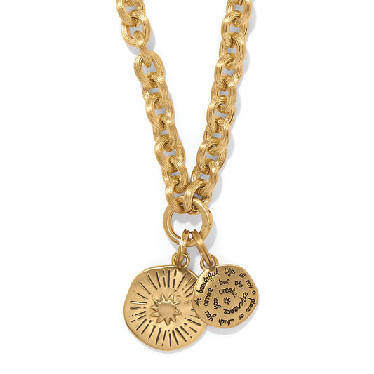 Brighton Token Lavish Link Charm Necklace; thick articulated silver links with a round polished token pendant.