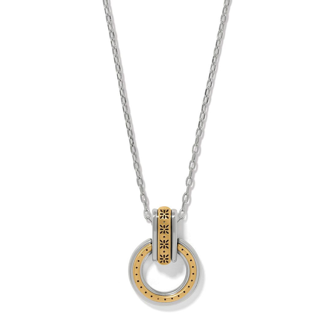 Brighton Collectibles Mosaic Two Tone Link Ring Necklace featuring intricate gold and silver chain links.