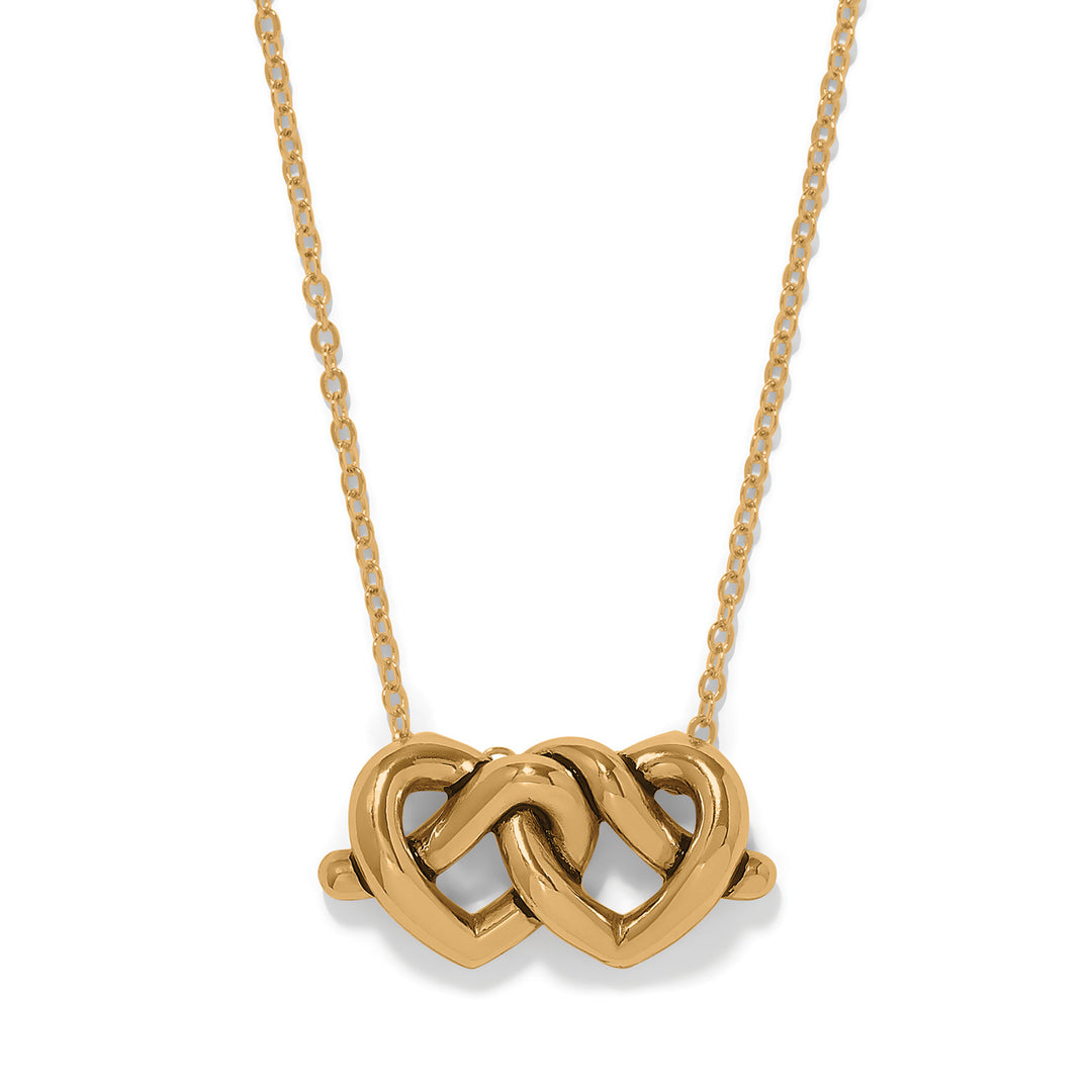 Brighton Collectibles Interlok Linked Hearts Gold Necklace highlighting its delicate chain and interlocking gold-tone heart motif.