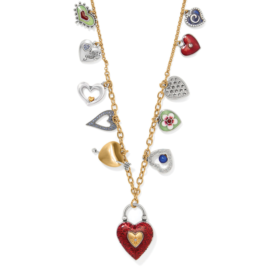 Brighton One Heart Long Necklace in two-tone silver and gold with multiple heritage heart charms and crystal accents.