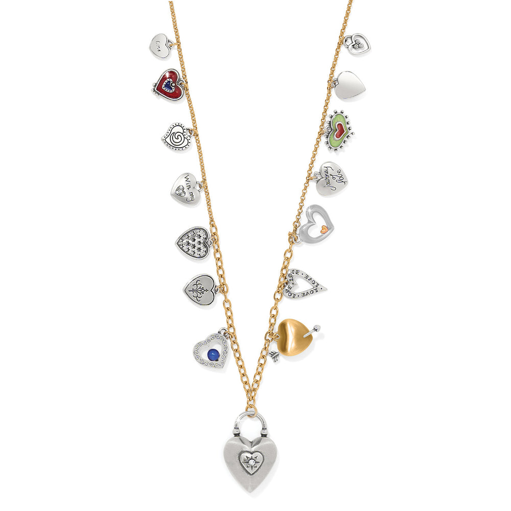 Close-up of the enamel heart charms and adjustable lobster claw closure on the One Heart necklace.