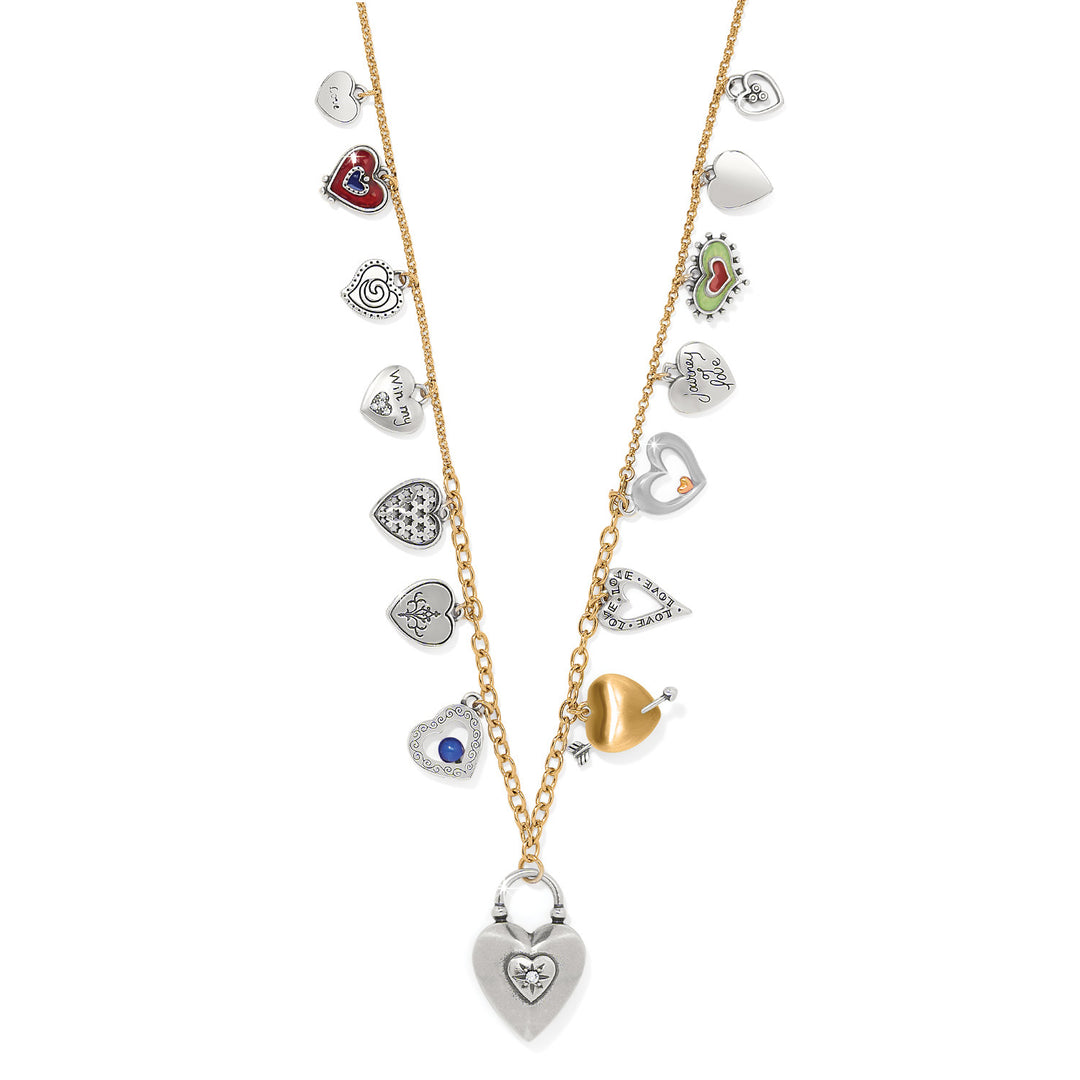 Close-up of the enamel heart charms and adjustable lobster claw closure on the One Heart necklace.