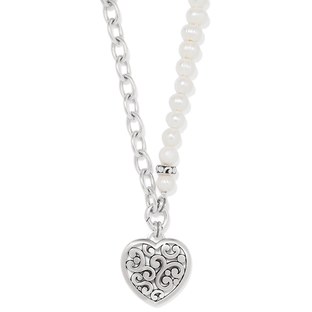 Brighton Contempo Heart Pearl Charm Necklace featuring freshwater pearls and a silver-plated scrolled heart charm.