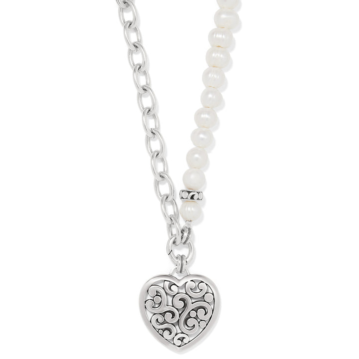 Brighton Contempo Heart Pearl Charm Necklace featuring freshwater pearls and a silver-plated scrolled heart charm.