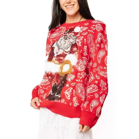 Queen of Sparkles red and white paisley print Cowboy Santa holiday sweater.