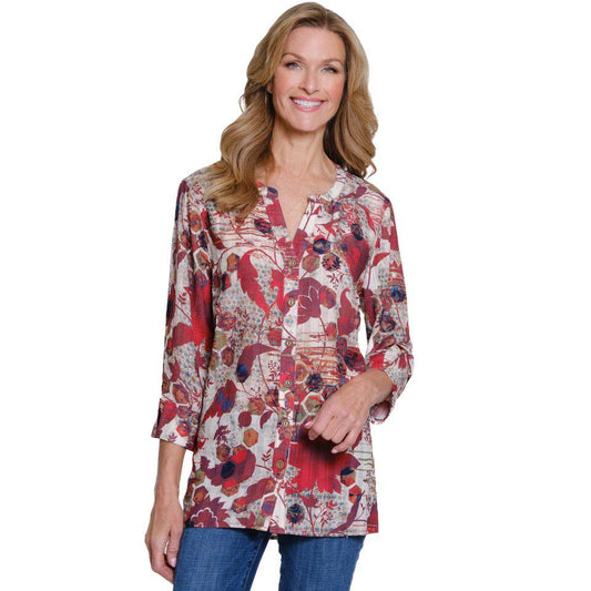Turn-Up Cuff 3/4 Sleeve Button Front Band Collar Hi-Lo