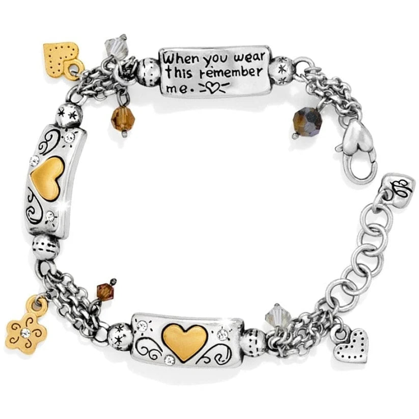 Brighton Remember Your Heart silver-plated tile link bracelet featuring embedded brushed gold hearts and engraved inspirational sayings on the back.