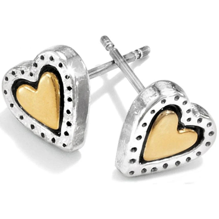 Brighton Rendezvous Mini Post Earrings showing small two-tone hearts with a gold center and silver-plated roped borders.