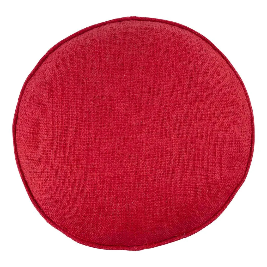 Glory Haus Round Christmas Church Pillow back view in solid red woven fabric with red piped trim