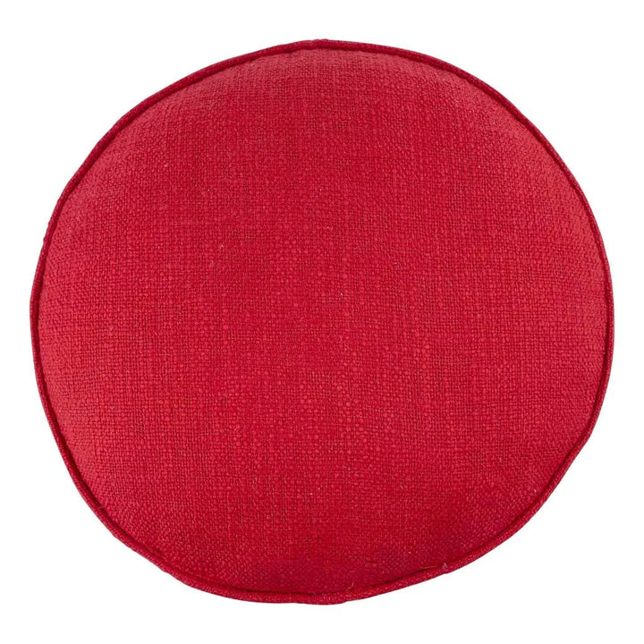 Glory Haus Round Christmas Church Pillow back view in solid red woven fabric with red piped trim