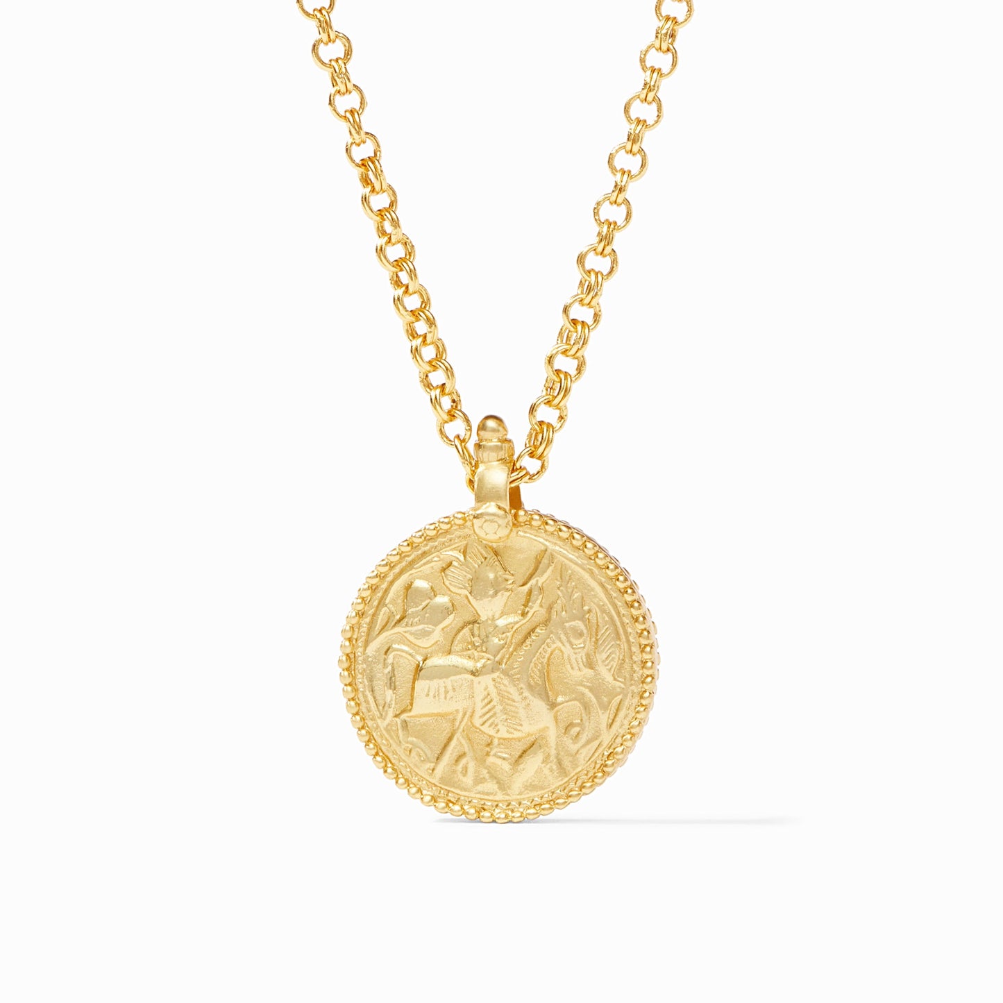 Julie Vos Coin Pendant in 24K gold plate featuring a knight on horseback and a 38-inch chain.