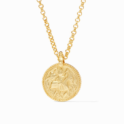 Julie Vos Coin Pendant in 24K gold plate featuring a knight on horseback and a 38-inch chain.