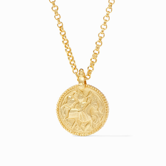 Julie Vos Coin Pendant in 24K gold plate featuring a knight on horseback and a 38-inch chain.