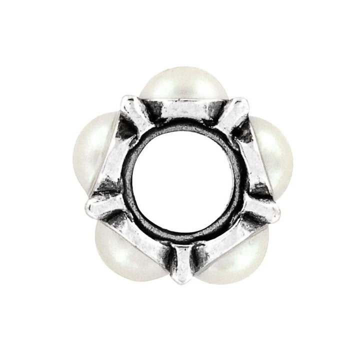 Close-up of the Roundabout Bead showing the textured silver finish and deep-set crystals