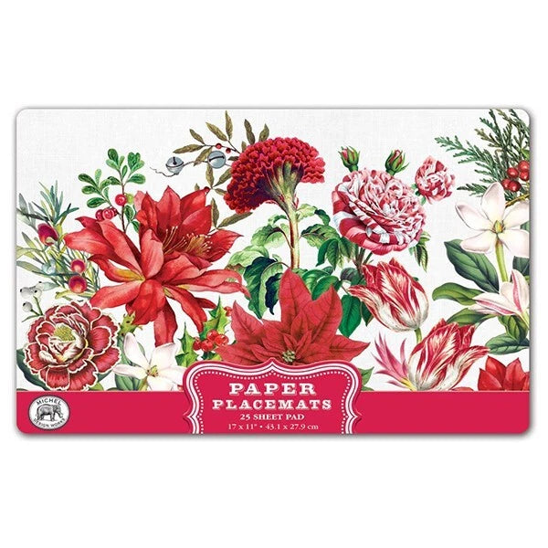 Michel Design Works Christmas Bouquet Paper Placemat featuring vibrant red holiday flowers and winter greenery.