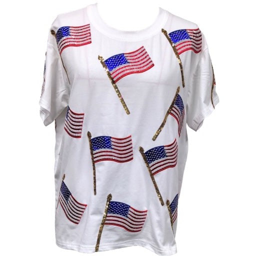 White Scattered Metallic American Flag Tee