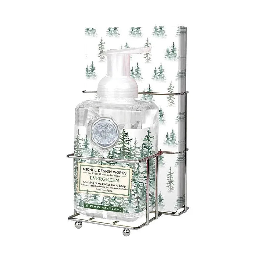 Michel Design Works Evergreen foaming hand soap and coordinating hostess napkin gift set featuring botanical winter pine artwork.