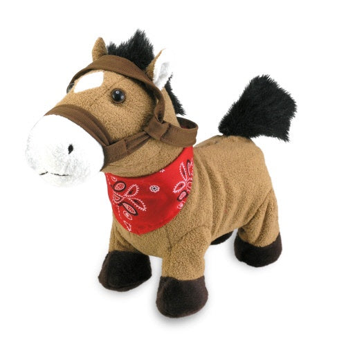 Cuddle Barn Gallop interactive plush horse featuring brown fur, white markings, and a red bandana.