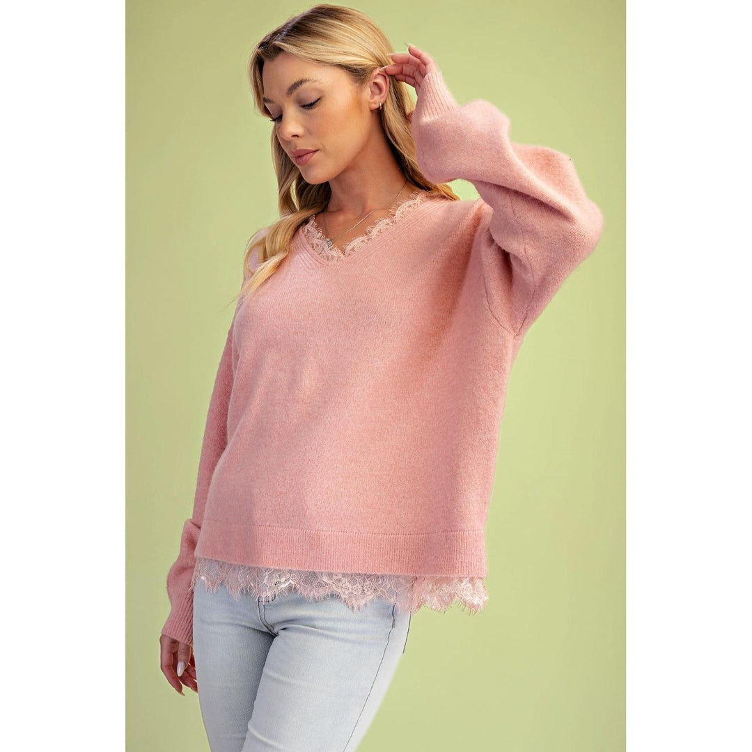 Darla coral fuzzy knit sweater with lace hem, front view