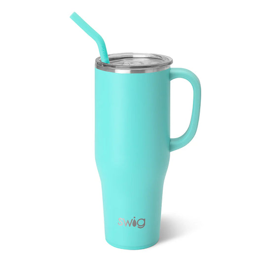 40oz insulated Aqua Mega Mug by Swig Life with a solid light blue finish, handle, and straw.
