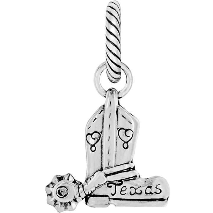 Close-up of the 3D spur and textured silver finish on the Texas Cowboy Boot charm.