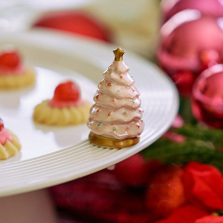 Nora Fleming Twinkle Tree pink Christmas tree mini styled on a Nora Fleming base for holiday hosting