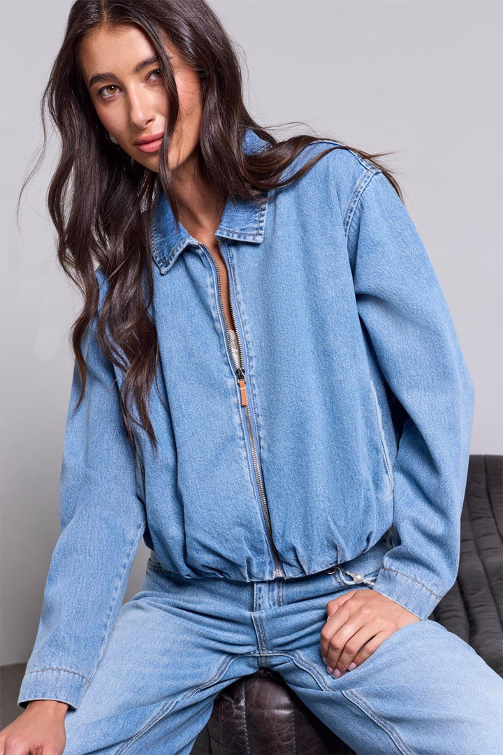 Tribal BLUE THREAD Bubble Hem Zip-Front Denim Jacket - Oxford Blue | Tribal Women&