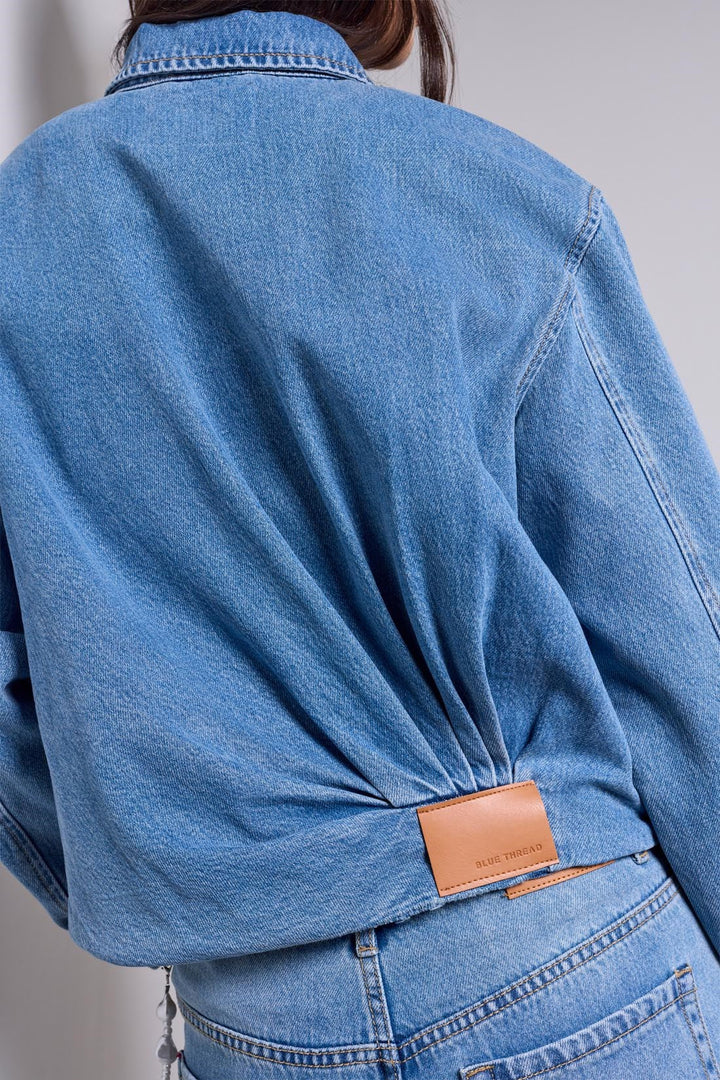 Tribal BLUE THREAD Bubble Hem Zip-Front Denim Jacket - Oxford Blue | Tribal Women&