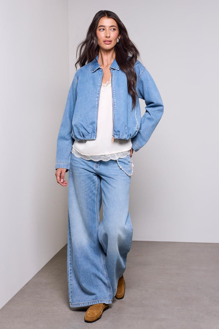 Tribal BLUE THREAD Bubble Hem Zip-Front Denim Jacket - Oxford Blue | Tribal Women&