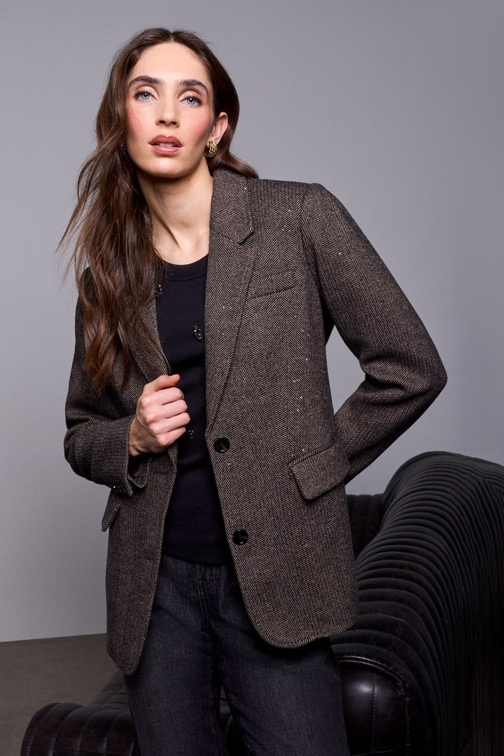 Tribal BLUE THREAD Herringbone Notched Lapel Tweed Blazer - Saddle Brown | Tribal Women&