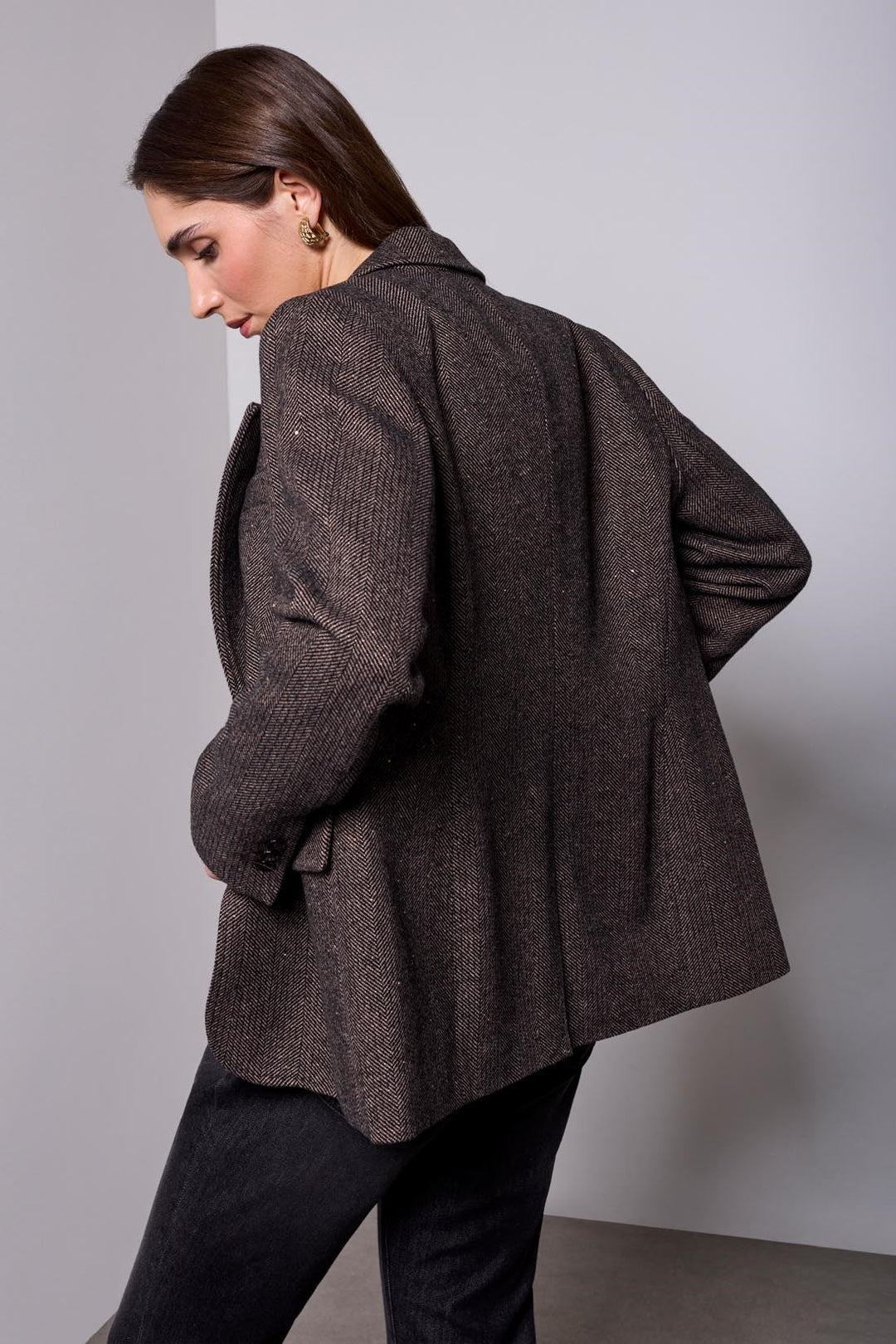 Tribal BLUE THREAD Herringbone Notched Lapel Tweed Blazer - Saddle Brown | Tribal Women&