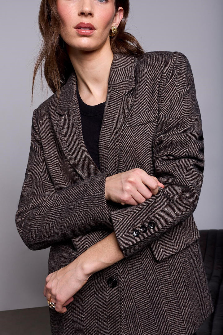 Tribal BLUE THREAD Herringbone Notched Lapel Tweed Blazer - Saddle Brown | Tribal Women&